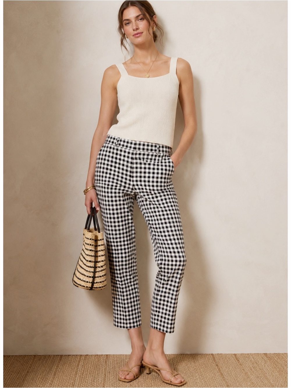 Banana Republic Women Black White Gingham Checked Straight Pants 4P Preppy